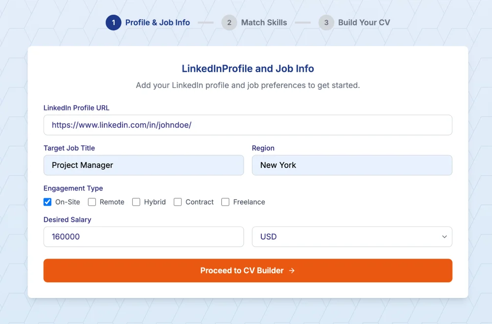 Start building CV from LinkedIn with profile and job preferences