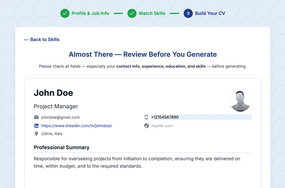 Check data from your LinkedIn profile in CV form and adjust if needed