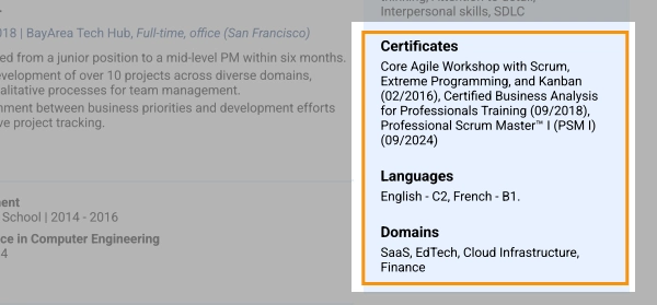 Certificates, Portfolio, Languages in job-winning resume template